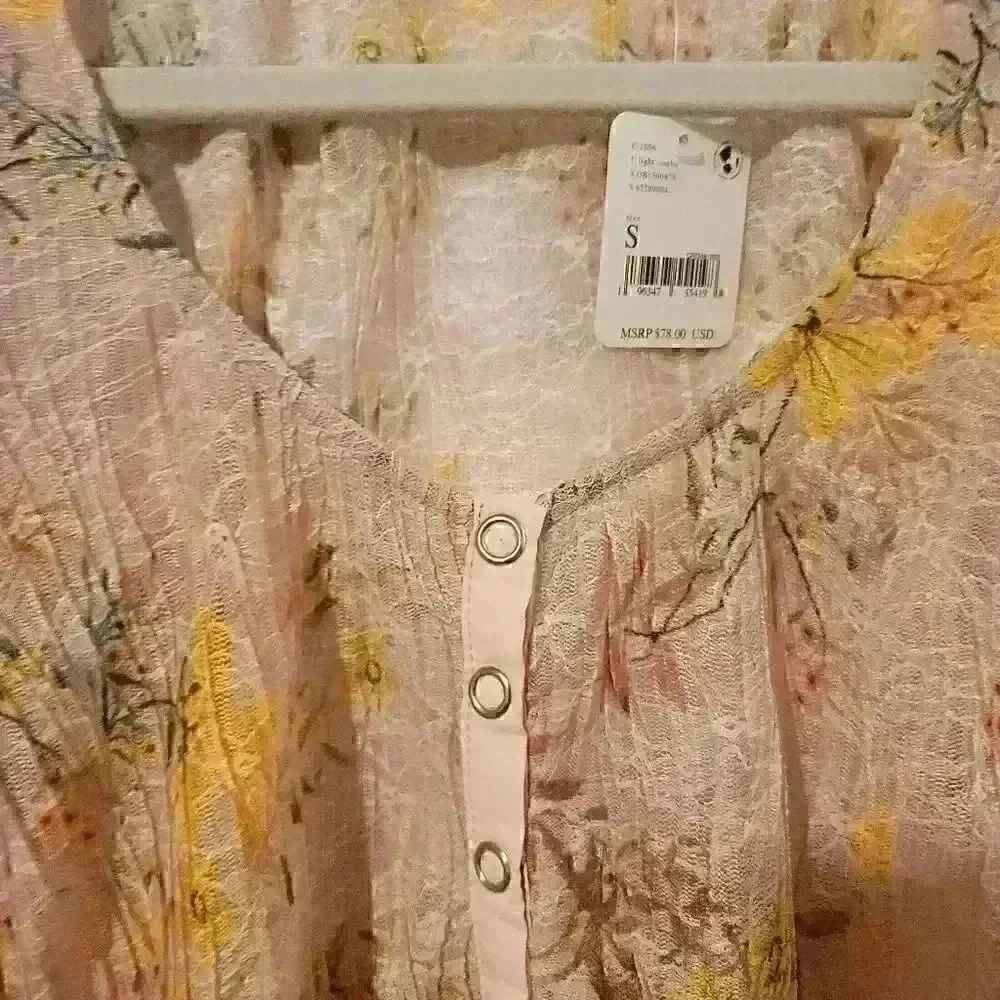 Free People Angelina Floral Sheer Long Sleeve Button Up Top Size Small